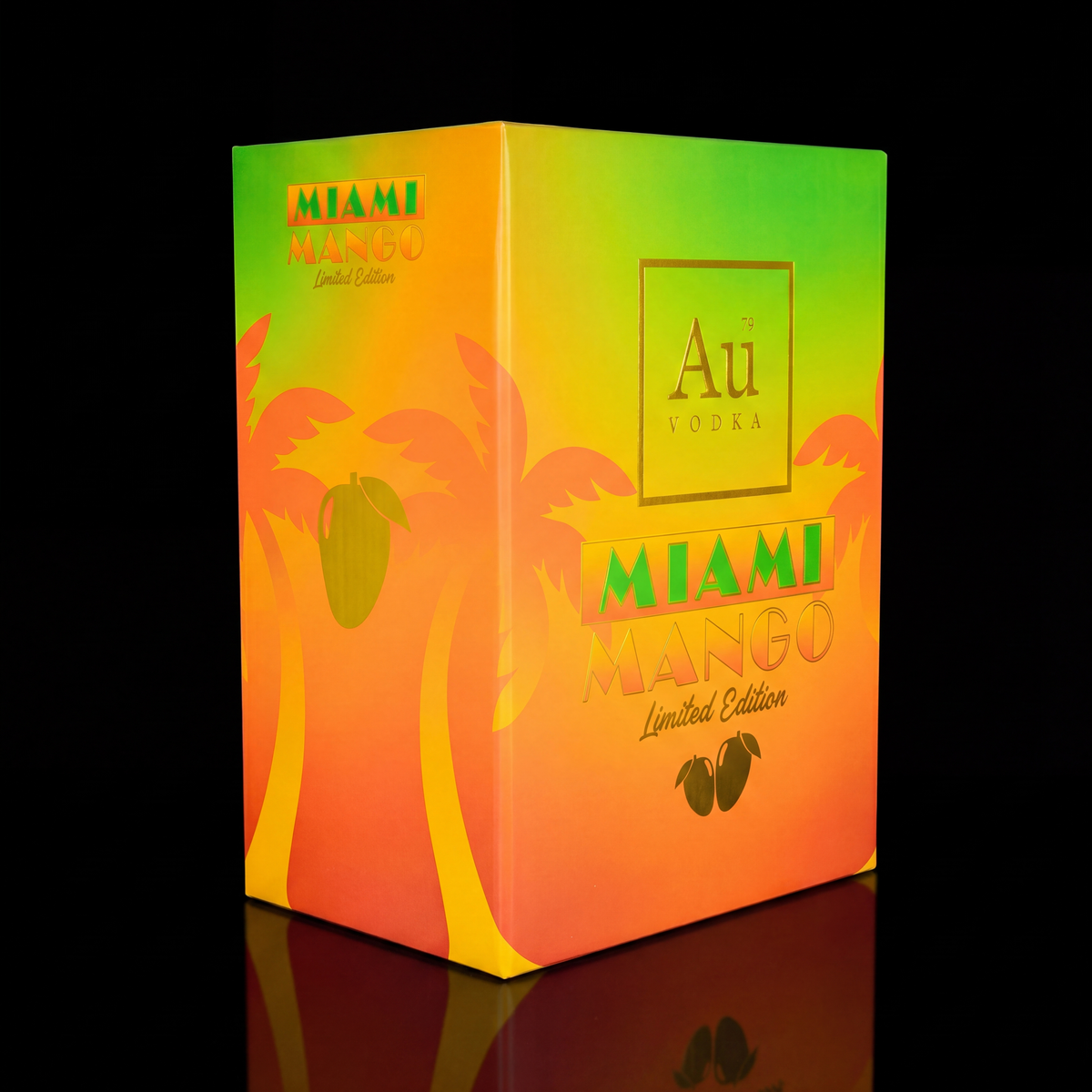 Au Vodka Miami Mango Limited Edition box with palm trees and mangoes
