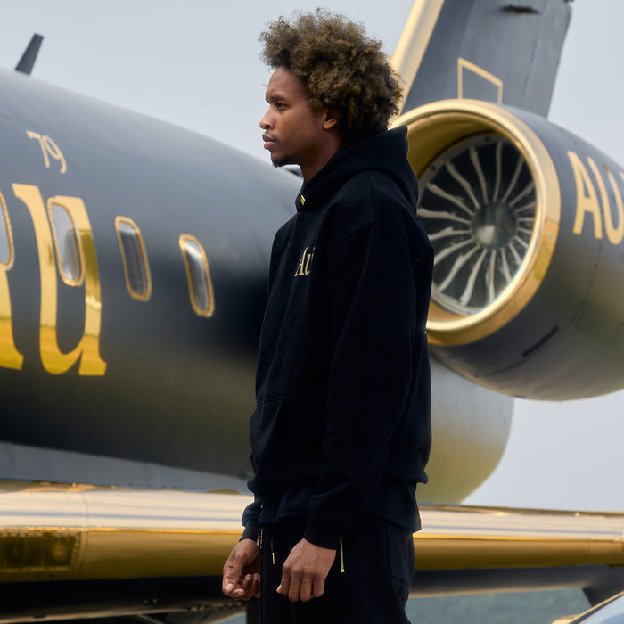 Person turned to side standing in front of a black and gold airplane