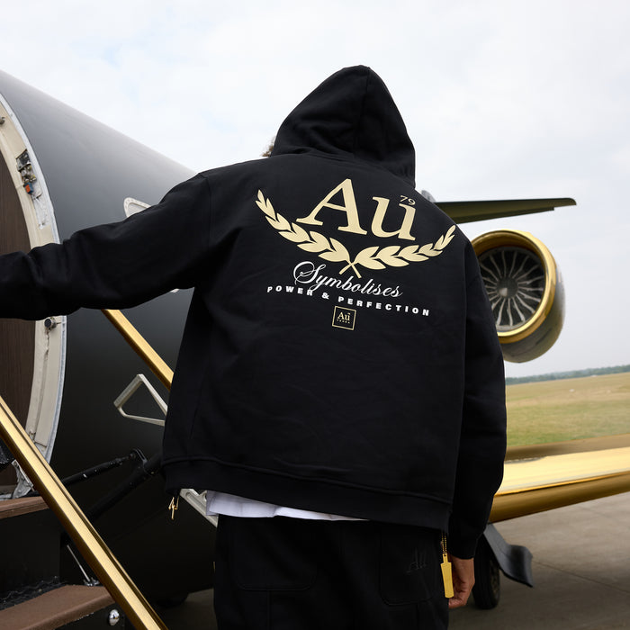 Person wearing a black hoodie with gold 'Au' text in front of a private jet
