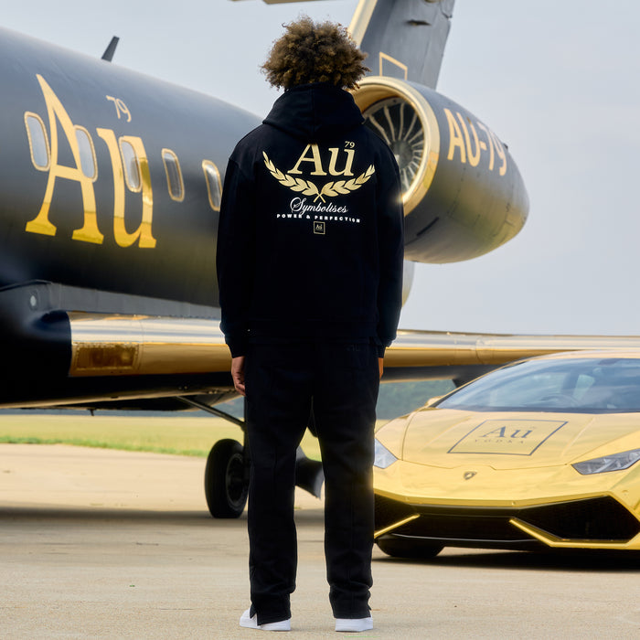 Person wearing a black hoodie with 'Au' logo in front of a black and gold airplane and golf sports car.