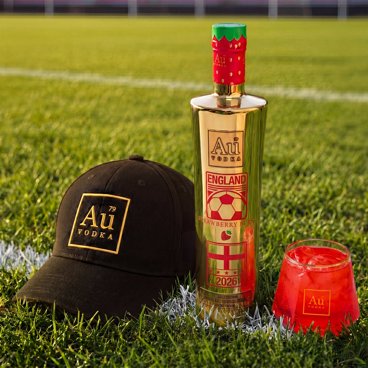 Au Vodka England Strawberry Burst bottle, black Au Vodka cap, and red drink on a football pitch